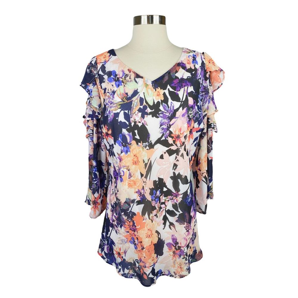 Signature Collection Ruffled Floral Cold-Shoulder Blouse - Size Large